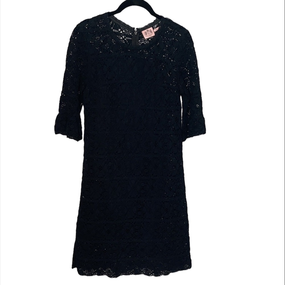 Juicy Couture Crochet Openwork Black Mini Dress 3/4 Sleeve Sz 4